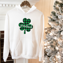 Load image into Gallery viewer, Preschool Plaid Shamrock ADULT Hooded Sweatshirt