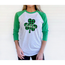 Load image into Gallery viewer, Dublin Plaid Shamrock ADULT Baseball Tee
